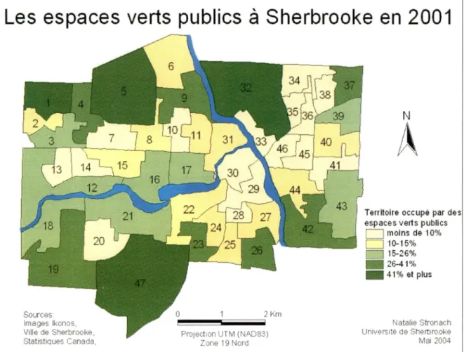 Figure 7 : Les espaces verts publics à Sherbrooke