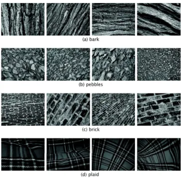 Fig. 7 Sample images from four classes of the UIUCTex data set. Each image is showing a textured surface viewed under different poses.