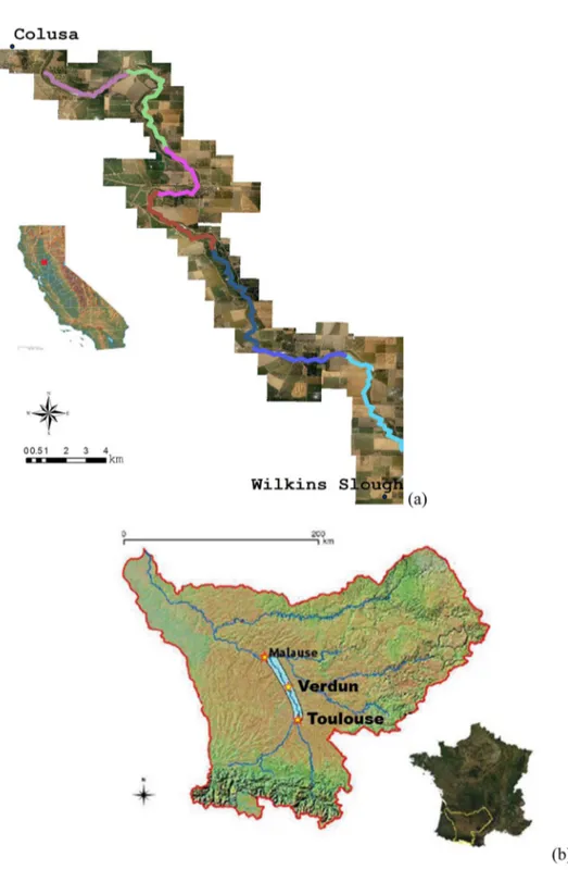 Figure 1. Map of Study area: (a) Sacramento River and (b) Garonne River.