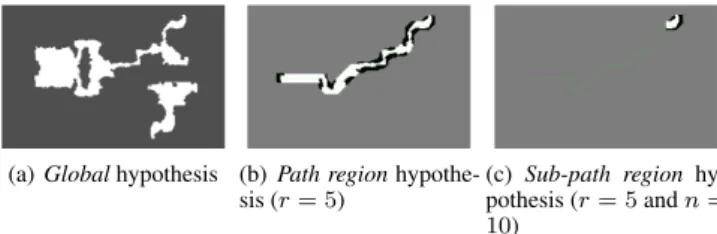 Figure 2. Occupancy-grid representations of hypotheses. White represents free space, gray occupied space.