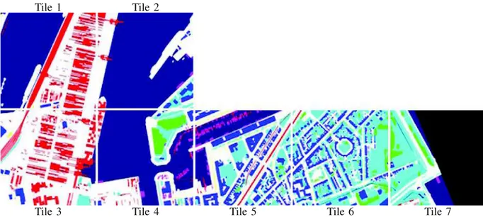 Fig. 10. Seven tiles of the ground truth built for the Data Fusion Contest 2015. To obtain the full resolution ground truth, please download the dataset on http://www.grss-ieee.org/community/technical-committees/data-fusion/2015-ieee-grss-data-fusion-conte