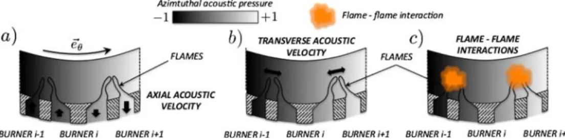 FIG. 4. Azimuthal mechanisms driving combustion instabilities: the azimuthal mode acts like a clock modulating the axial mass flow rate in the burners (a) but also creates a transverse excitation (b)
