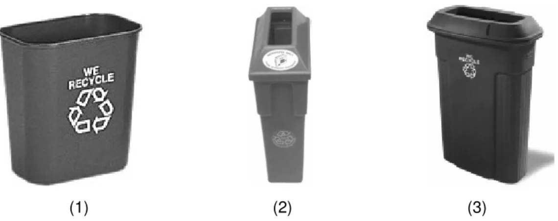 Figure 3.2 Bacs à récupération du papier de 12,9; 26,6 ou 39 litres (1), de 72 litres (2) et  de 87 litres (3)