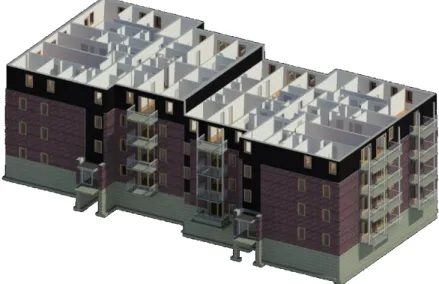 Figure 5 3D section view of the Trentino Building. Unit A (left) uses a cross-laminated structure, while  Unit B (right) has a light-frame timber structure