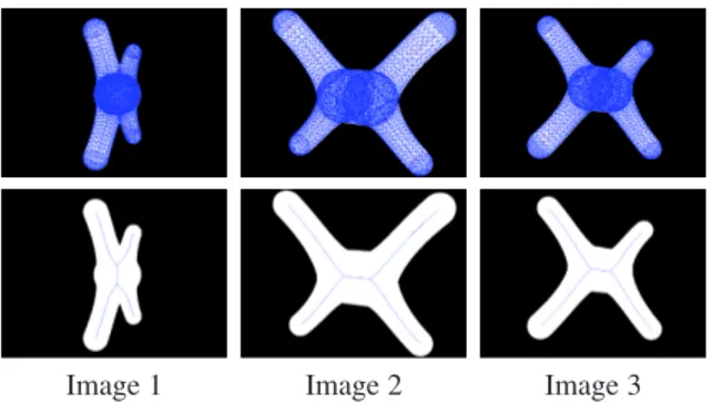Figure 3: Trois prises de vue d’un même objet 3D (première ligne), et leur squelette perspectif (seconde ligne)