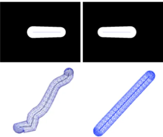 Figure 6: Exemple de l’effet d’un appariement ambigu sur une reconstruction. Les deux images correspondent à une projection orthographique d’un même objet, selon deux plans de projection orthogonaux (( ~ O x , ~ O y ) pour la première image et ( ~ O z , ~ 