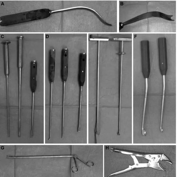 Fig. 3. Instruments of use for removing cemented implants and cement: recliner to expose the femur (A and B); chisels: straight, gouge, and ﬂag for fragmenting the cement via the intramedullary canal (C); short straight and curved chisels to scape away the