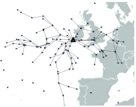 Figure 2: Routes toward a single ground station obtained with AODV in an AANET (the ground station if figured by a black triangle).