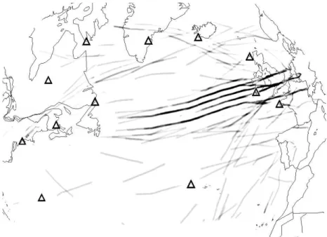 Figure 3: Aircraft density on the 2014-05-02, 8h to 9h time slot (greyscale). Ground stations are presented as black triangles.
