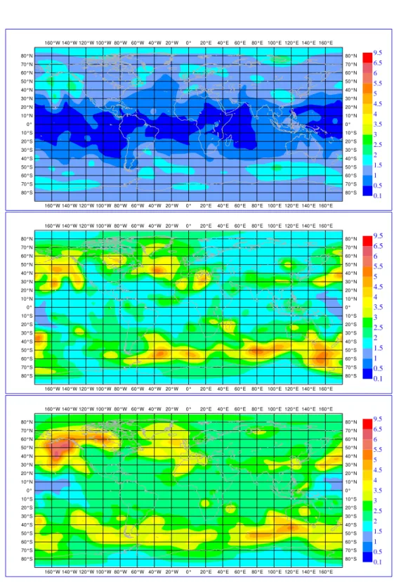 Fig. 3.4  Ecarts types du tourbillon près du niveau 500 hPa produits par le premier pas d'analyse/prévision (le 21 janvier 00h UTC) pour les expériences COLDS (haut), REF (milieu) et RANDB (bas)