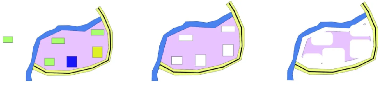 Fig. 8. Steps of the selection of possible locations for a new building. The remaining pink geometry in the right picture represents these possible locations