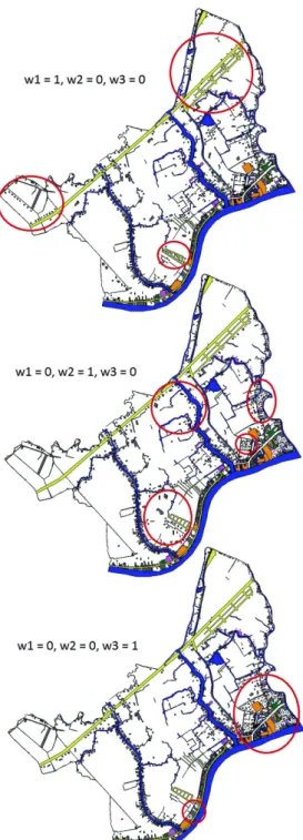Fig. 9. Results of the vector model in three particular cases: (top) with only the density criterion (w 1 = 1, w 2 = 0 and w 3 = 0); (center) with only the quantity of transportation criterion (w 1 = 0, w 2 = 1 and w 3 = 0); (bottom) with only the distance