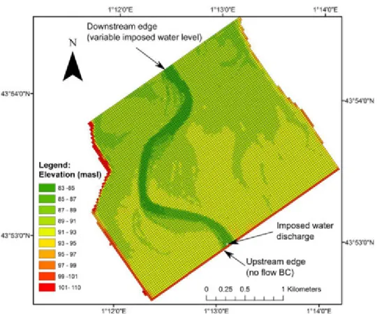 Fig. 5. Digital terrain model (DTM) according to model grid resolution (25 m) and SW domain boundary conditions