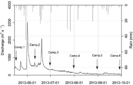Fig. 6. Daily discharge and rainfall during the simulated period. Arrows correspond to the sampling campaign periods (campaigns 1 to 6 from 15 May 2013 to 1 October 2013).