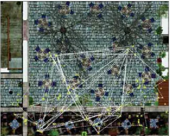 Fig. 7 A waypoint map with 100 waypoints (yellow triangles) gen- gen-erated by the SLAW mobility model, shown from the top view of the courtyard in the model San Miguel