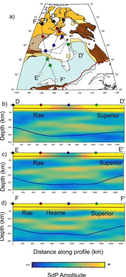 Figure 10. Cross sections traversing Hudson Bay. (a) Locations of the proﬁles. (b) Proﬁle from the Rae domain to the eastern Superior prov- prov-ince