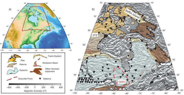 Figure 1. Location map of the study region. (a) Topographic map with red box indicating eastern Canada, centered on Hudson Bay