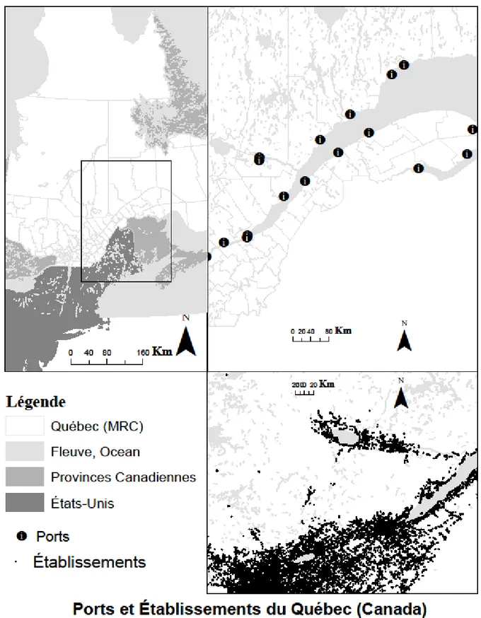 Figure 1.2: Représentation des points de localisation des ports commerciaux stratégiques et  des établissements au Québec 