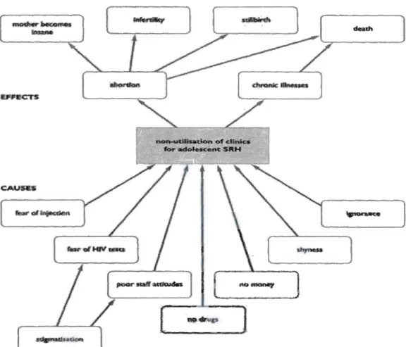 Figure 3.1: Exemple d'un Problem Tree utilisé par l'ONUSIDA  afin de démontr er les causes  et les  effets de  la faible fr équentation de  cliniques de santé sexuelle 