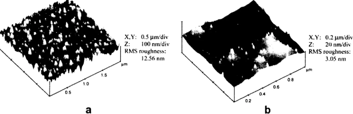 Figure  1.4  Deux  images  AFM  de  la  surface  de  Si  poreux  apres  la  preparation  (a)  et  apres  le  recuit  sous  une  tem perature  de  1050°C  durant  30  minutes  sous  une  atmosphere  d ’hydrogene