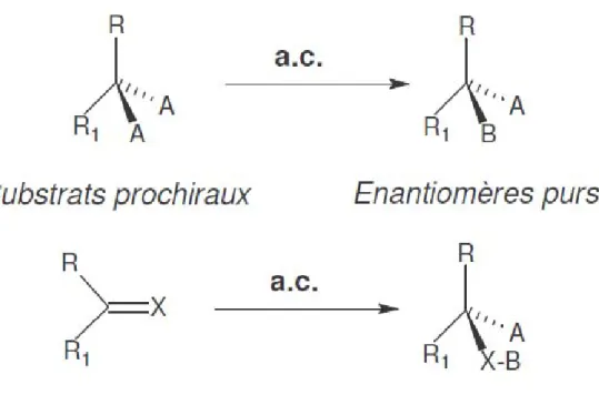 Figure 4 : Synthèse d’un énantiomère pur à partir de réactifs prochiraux et auxiliaires chiraux (Crosby, 1992) 