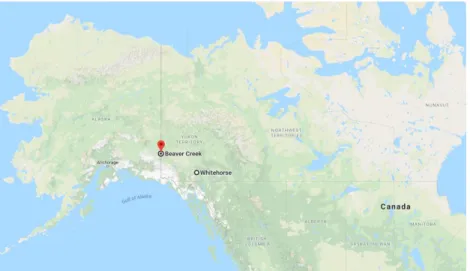 Figure 3. 1: The location of the Beaver Creek experimental site, along the Alaska Highway, Yukon, Canada (Source:  GoogleEarth)