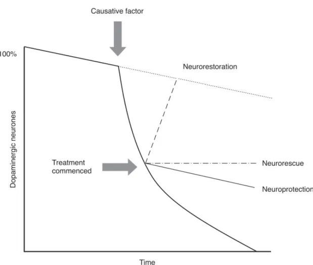 Figure 8 Representation of neuroprotective processes. Neuroprotection is defined  by beneficial effects on the pathophysiology driven by treatment