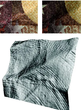 Figure 1. 3D-reconstruction of a part of a 10 euros banknote (≈ 0.5 cm wide) by variational color photometric stereo