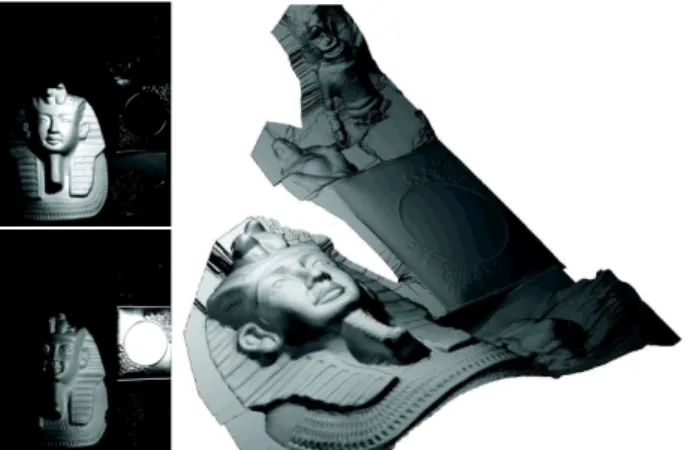 Figure 1. Overview of our approach. On the left, we show 2 out of the 10 images used in this experiment, for a medium-scale scene where shapes having diffuse or specular reflections are present