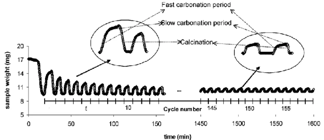 Figure 1.2. Typical weight changes vs. time for a repeated number of calcination/carbonation cycles  of Piaseck limestone [76]