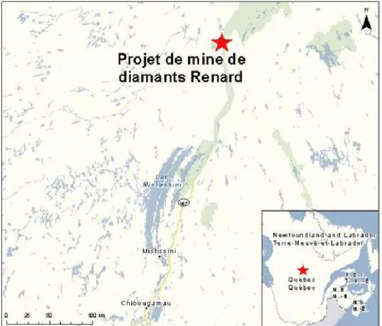 Figure 4.1 Représentation géographique du site de la mine Renard (inspiré de : Agence  canadienne d’évaluation environnementale, 2018)