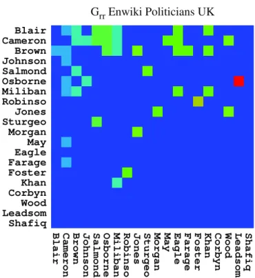 Fig. 12. Density plot of the matrix G rr for the reduced net- net-work of 20 UK politicians in the Enwiki netnet-work with short names at both axes.