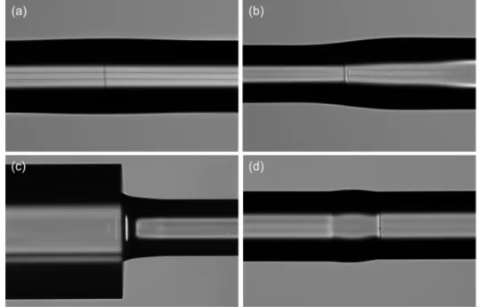 Figure I.5: Example of splices between (a) single-mode ZrF 4 fibers with same clad sizes, (b,c) ZrF 4 fibers with different core and clad sizes, and (d) splices between SiO 2 and ZrF 4 fibers by dielectric coating.