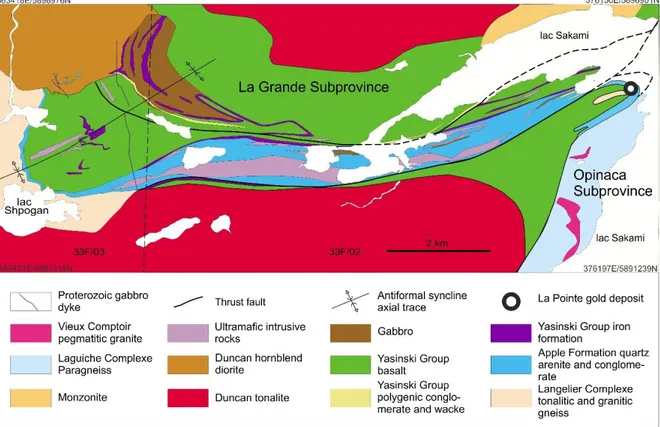 Figure 1.2. Regional geology of the La Pointe gold deposit, at the boundary between the La Grande  (west) and the Opinaca (east) subprovinces in the Shpogan and Sakami lakes area (33F02 and 33F03)