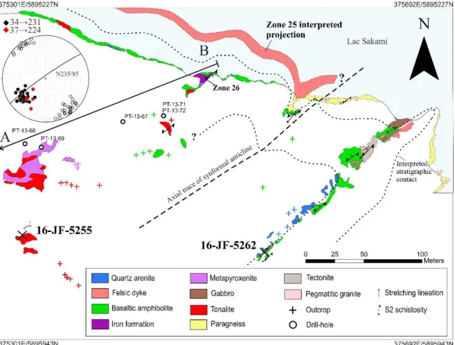 Figure 1.2. Detailed geological map of the La Pointe gold deposit with location of the zones 25 and 26,  and the interpreted projection outline of Zone 25