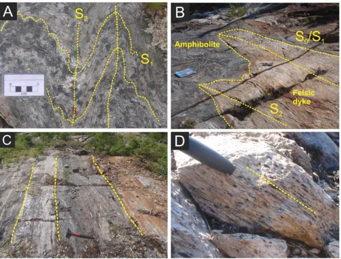 Figure  1.4.  Photographs  of  structural  elements.  A)  Tightly  folded  amphibolite  with  axial  trace  corresponding  to  the  main  S 2   foliation  striking  NE-SW  (outcrop  16-JF-5282)