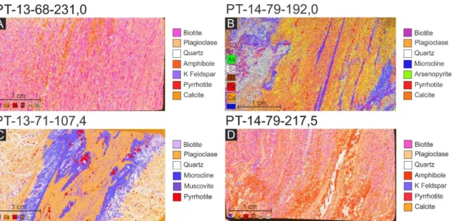 Figure 1.6. µXRF elemental maps showing the mineralogy and texture. A) Least altered sample of Zone  25  paragneiss  host  rock