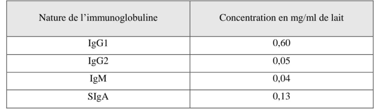 Tableau 9 : Concentration des différentes immunoglobulines dans le lait (Buter et al, 1981)