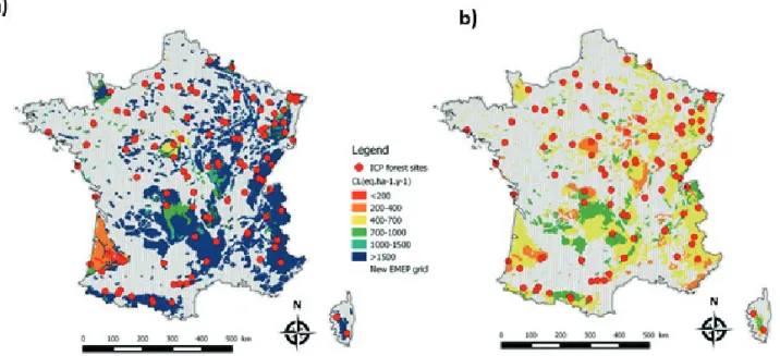 Figure 4. Carte de charge critique d’acidité en soufre (a : CLmax), et charge critique d’eutrophisation  en azote (b : CLnutN), pour les écosystèmes forestiers et les prairies (Probst et al., 2015)