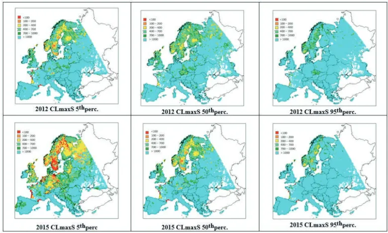 Figure 5. Comparaison des charges critiques d’acidité entre 2012 et 2015 au niveau européen pour les  percentiles 5, 50 et 95 (Source Slootweg J
