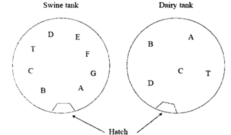 Figure 4.3:  Location of manure sampling ports, thermocouple (port T) and hatch  ac- ac-cess from a topview of the manure tanks 