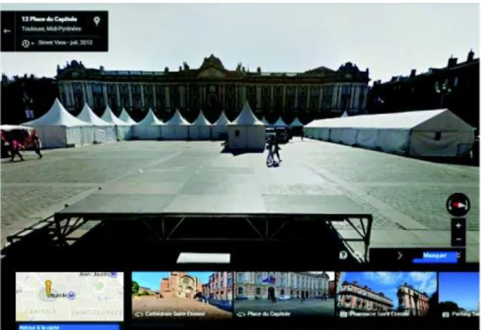 Figure 1: A screen of GoogleMap: streetview (top), global view (bottom left) and photo list (bottom center and right).