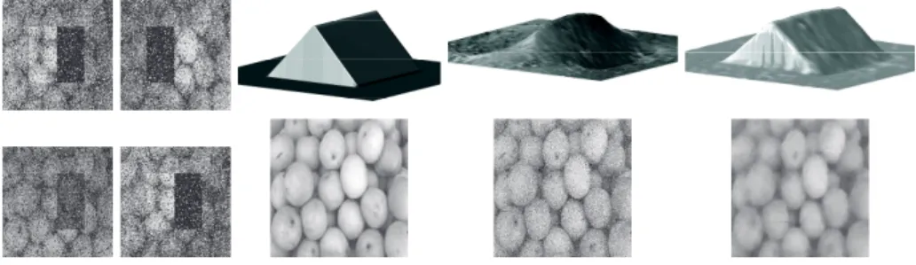 Fig. 1. Robustness to noise and outliers. First and second columns: 4 of the m = 20 images, with σ = 20% and p = 10%; Third column: ground-truth depth map and albedo; Fourth column: results from [10], using a least squares integrator with homogeneous Diric