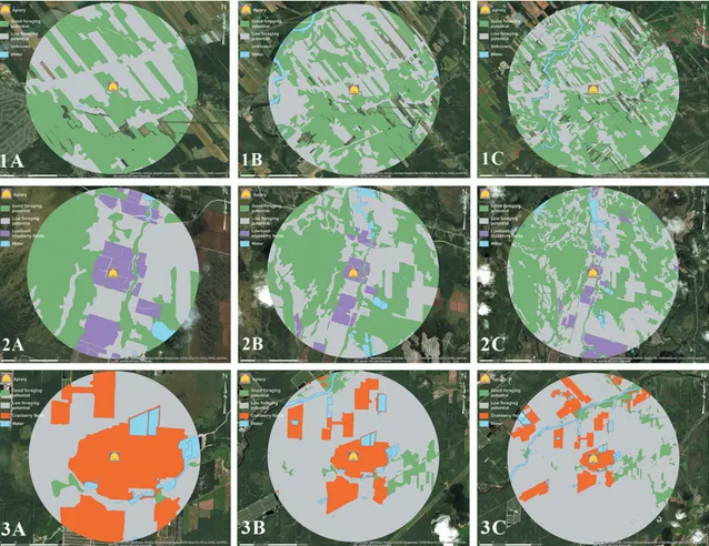 Fig 3. Landscape structure. Landscape structure (forestlands and farmlands) surrounding the various apiaries:  1) farmland apiary, 2) blueberry apiary and 3) cranberry apiary in a proximal 1.5-km radius (A), medial 3-km  radius (B) and distal 5-km radius (