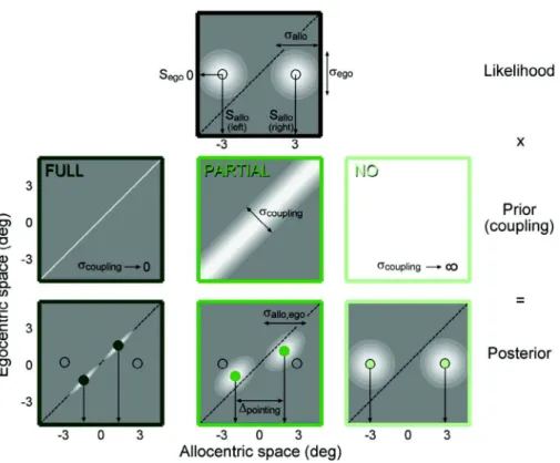 Fig. 3A shows the pointing responses recorded in the main experiment for 3 representative subjects (lines) as a function of mask diameter (columns)