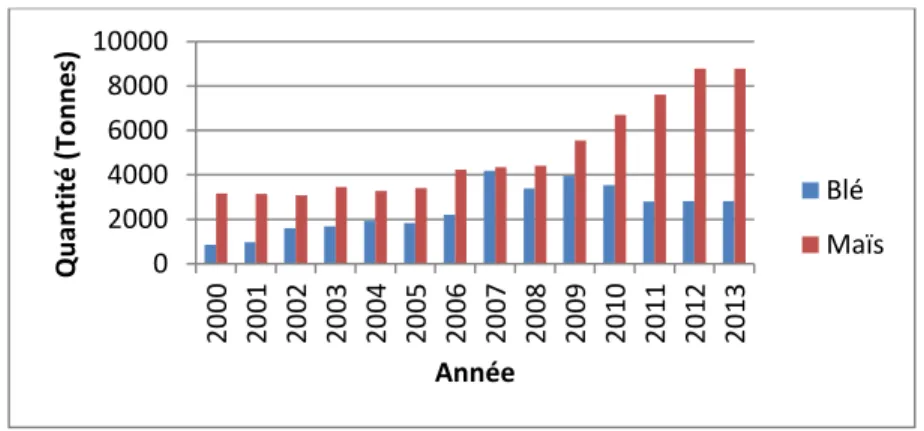 Figure 2 : Quantités des semences améliorées de maïs et de blé importées et distribuées