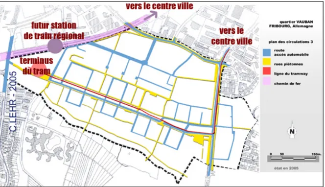 Figure 4.7 Plan de circulation dans le quartier Vauban. Tiré de C.LEHR (2006).  L!exemple  de  Fribourg  démontre  bien que lorsque vient le temps de  penser l!aménagement  d!un  nouveau  quartier,  il  est  possible  de  le  faire  sans  étalement  à  out