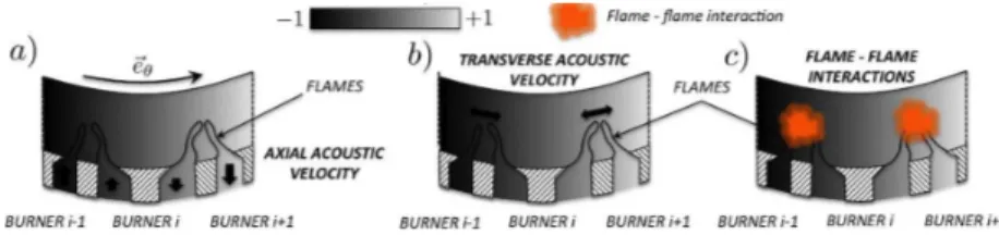Figure 2. Acoustic pressure field for azimuthal combustion instabilities: the azimuthal mode acts like a clock modulating the axial mass flow rate in the burners (a) but also creates a transverse excitation (b)