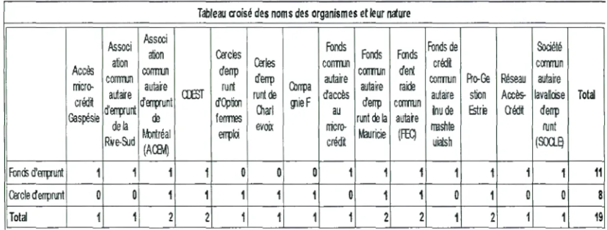 Tableau  3.1  :  Le tableau croisé des organ ismes et de leur nature 