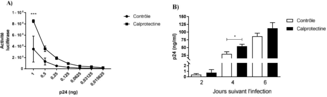 Figure  7.  La  calprotectine  augmente  l’activité  transcriptionnelle  et  l’infectivité  des  virions  produits